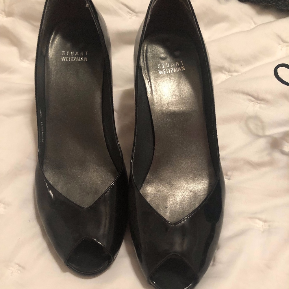 Stuart Weitzman 10.5 Black Patent Peep Toe Heels